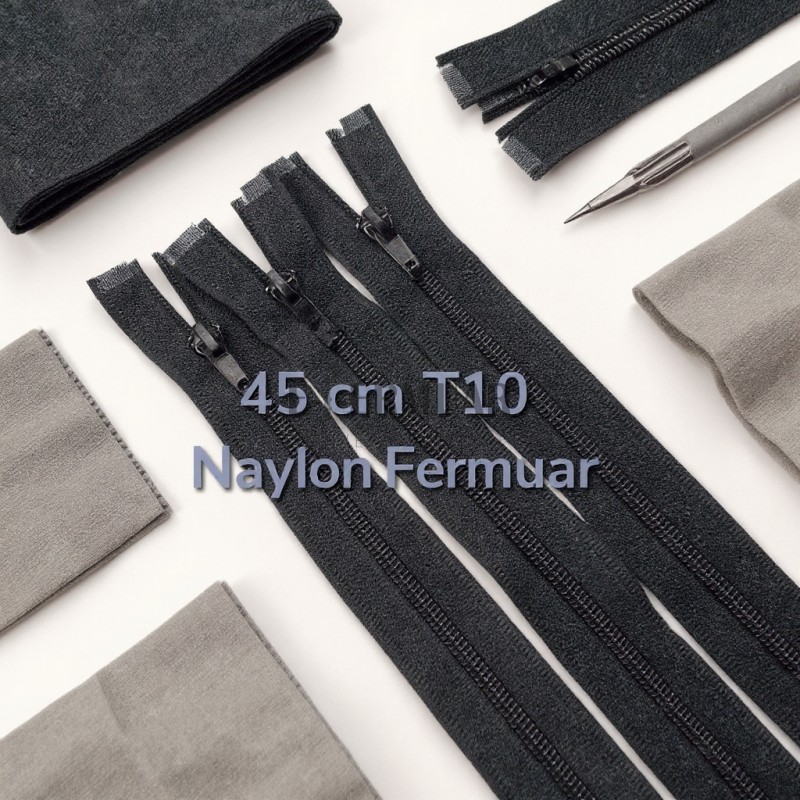 45 cm uzunluğundaki naylon mont fermuarı, açık uçlu tasarımıyla pratik kullanım sunar.