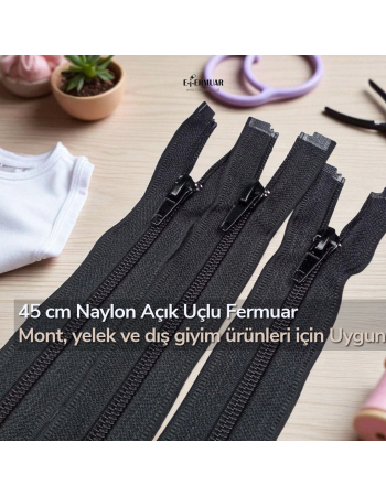  Mont Fermuarı Naylon 45 cm Tip 10 – Açık Uçlu (Separe) / Otomatik Kafa ZPHSN0045T10