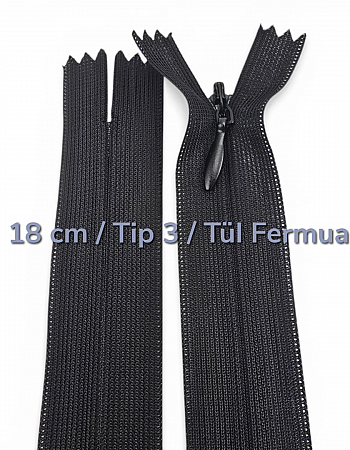 18 cm Tül Şeritli Dipli Gizli Fermuar Tip 3 | Elbise ve Etek İçin | NC0018TUL
