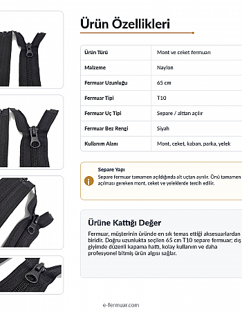65 cm Nylon Jacket Zipper, Open End (Separate) - NC0065T10