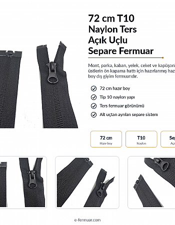 72 cm Tip 10 Naylon Mont Fermuarı Açık Uçlu Separe | Mont ve Ceket İçin | NC0072T10