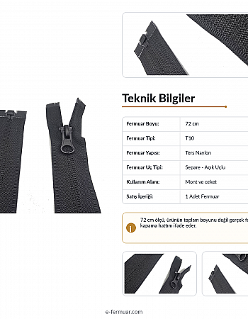 72 cm Tip 10 Naylon Mont Fermuarı Açık Uçlu Separe | Mont ve Ceket İçin | NC0072T10