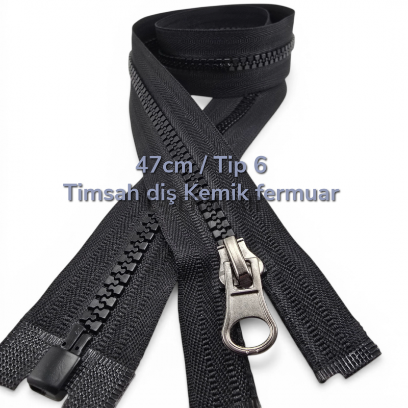 47 cm T6 Timsah Diş Kemik Fermuar Açık Uçlu Separe | Mont ve Ceket İçin | PR0047T6TMS