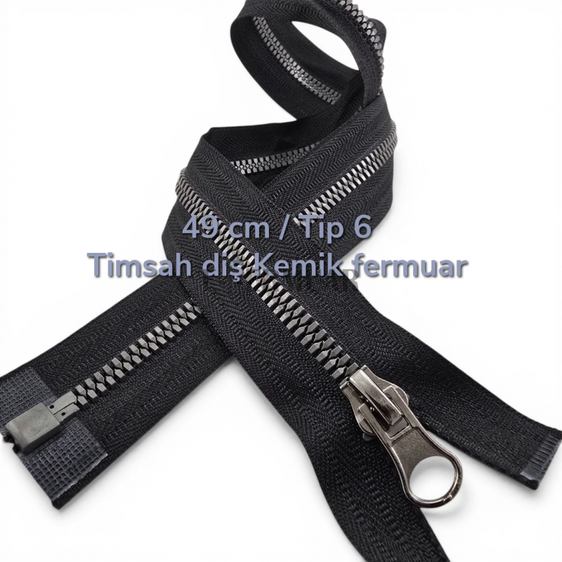 49 cm T6 Timsah Diş Kemik Fermuar Açık Uçlu Separe | Mont ve Ceket İçin | PR0049T6TMS
