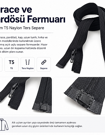 120 cm Naylon Ters Ferace Fermuarı | Uzun Dış Giyim İçin | ZP00120S