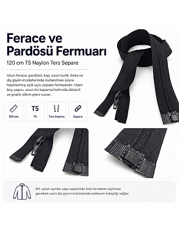 120 cm Naylon Ters Ferace Fermuarı | Uzun Dış Giyim İçin | ZP00120S