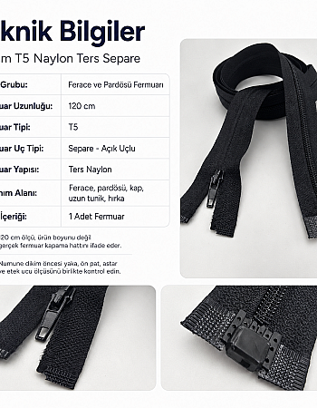 120 cm Naylon Ters Ferace Fermuarı | Uzun Dış Giyim İçin | ZP00120S