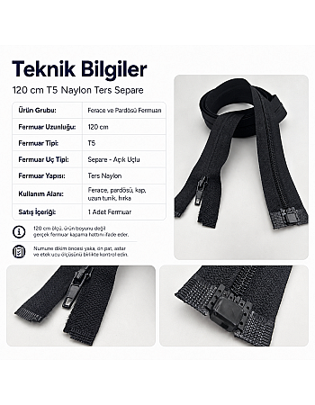 120 cm Naylon Ters Ferace Fermuarı | Uzun Dış Giyim İçin | ZP00120S