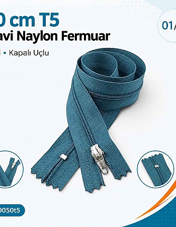 50 cm T5 Blue Nylon Closed-End Zipper for Pockets and Bags – ZP0050t5M