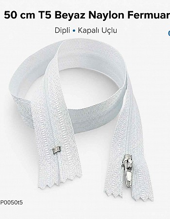 50 cm T5 Beyaz Naylon Dipli Fermuar – Cep ve Çanta Fermuarı ZP0050t5B