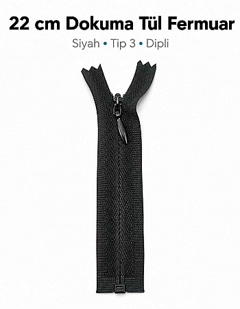 22 cm Siyah Dokuma Tül Dipli Gizli Fermuar – Elbise, Etek ve Abiye Fermuarı ZPG0022DKM