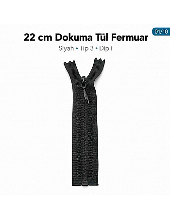 22 cm Siyah Dokuma Tül Dipli Gizli Fermuar – Elbise, Etek ve Abiye Fermuarı ZPG0022DKM