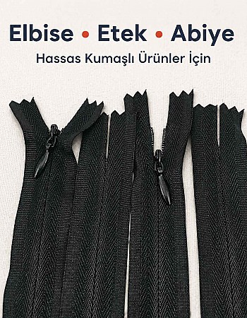 22 cm Siyah Dokuma Tül Dipli Gizli Fermuar – Elbise, Etek ve Abiye Fermuarı ZPG0022DKM