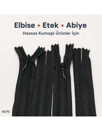 22 cm Siyah Dokuma Tül Dipli Gizli Fermuar – Elbise, Etek ve Abiye Fermuarı ZPG0022DKM