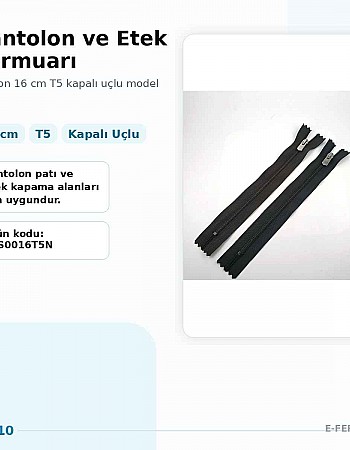 Pantolon ve Etek Fermuarı Naylon 16 cm T5 Kapalı Uçlu ZPS0016T5N