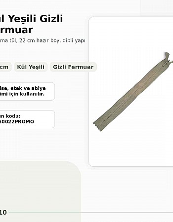 Invisible Zipper Woven Tulle Ash Green 22 cm Closed-End for Dresses, Skirts and Eveningwear ZPS0022PROMO