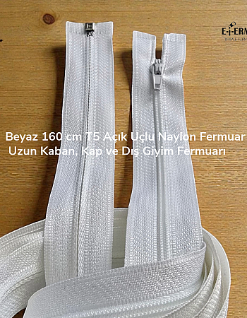 160 cm T5 Beyaz Naylon Açık Uçlu Fermuar – Ferace, Pardösü ve Uzun Mont - Zp00160T5
