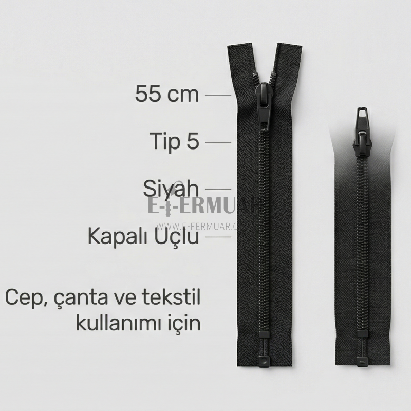 55 cm T5 Siyah Naylon Dipli Fermuar | Kapalı Uçlu Mont Cep ve Çanta Fermuarı | ZP0055T5