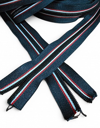 Navy Blue Fabric Red and White Striped Nylon Zipper T10 -SRTNYLKBT10