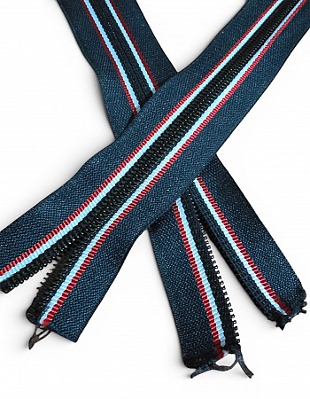 Navy Blue Fabric Red and White Striped Nylon Zipper T10 -SRTNYLKBT10