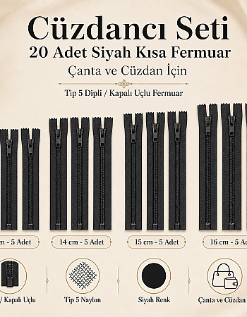 Cüzdancı Seti – 20 Adet Siyah Kısa Fermuar, Çanta ve Cüzdan İçin Tip 5 Kapalı Uçlu Fermuar ST-0001T5