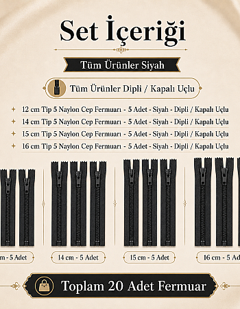 Cüzdancı Seti – 20 Adet Siyah Kısa Fermuar, Çanta ve Cüzdan İçin Tip 5 Kapalı Uçlu Fermuar ST-0001T5