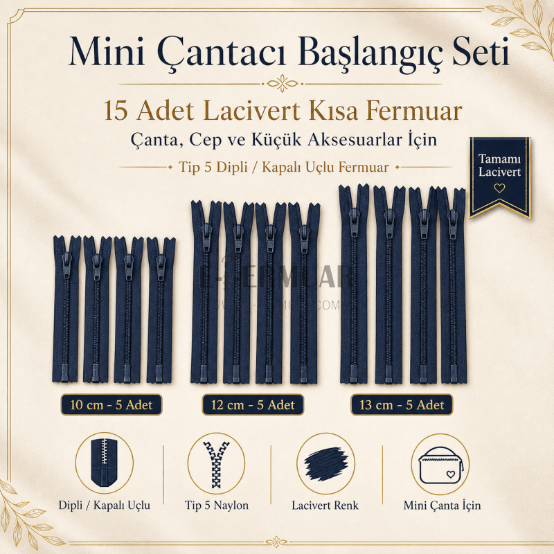 Mini Bag Maker Starter Set – 15 Pieces Navy Blue Short Zipper Type 5 Closed End Zipper ST-0002T5