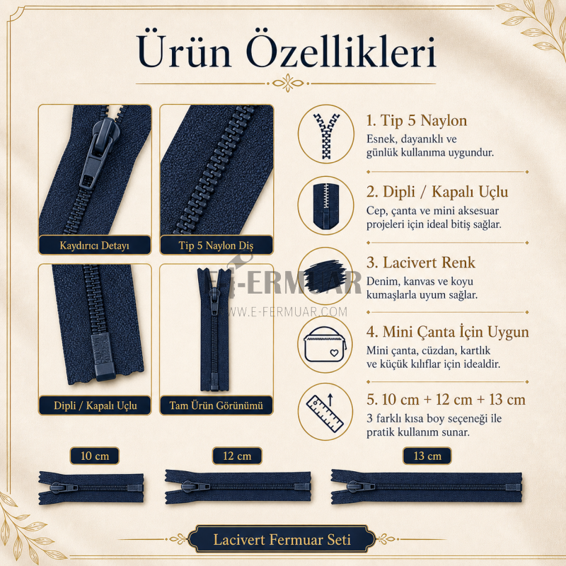 Mini Bag Maker Starter Set – 15 Pieces Navy Blue Short Zipper Type 5 Closed End Zipper ST-0002T5