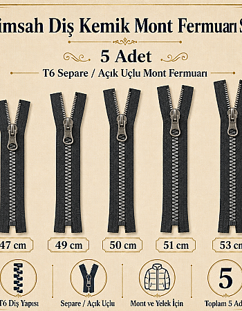 5 Adet Timsah Diş Kemik Mont Fermuarı Seti – 47–53 cm Kısa Mont ve Ceket İçin - ST-0003T5