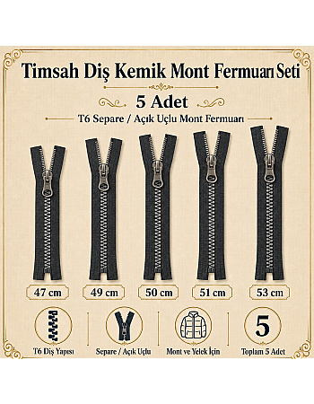 5 Adet Timsah Diş Kemik Mont Fermuarı Seti – 47–53 cm Kısa Mont ve Ceket İçin - ST-0003T5