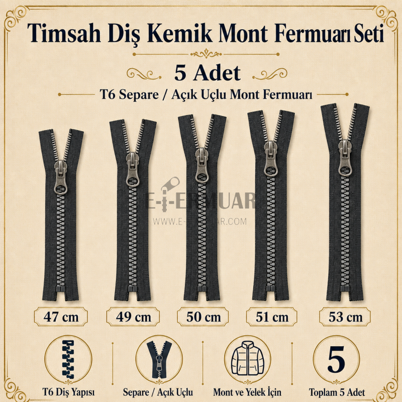 5 Adet Timsah Diş Kemik Mont Fermuarı Seti – 47–53 cm Kısa Mont ve Ceket İçin - ST-0003T5