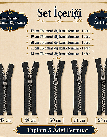 5 Adet Timsah Diş Kemik Mont Fermuarı Seti – 47–53 cm Kısa Mont ve Ceket İçin - ST-0003T5