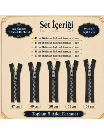 5 Adet Timsah Diş Kemik Mont Fermuarı Seti – 47–53 cm Kısa Mont ve Ceket İçin - ST-0003T5
