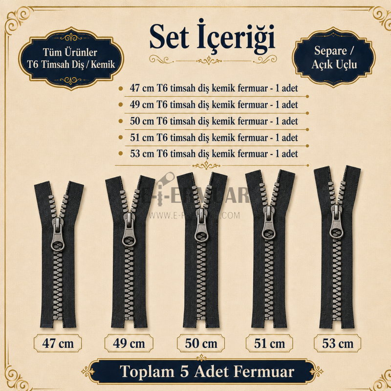 5 Adet Timsah Diş Kemik Mont Fermuarı Seti – 47–53 cm Kısa Mont ve Ceket İçin - ST-0003T5