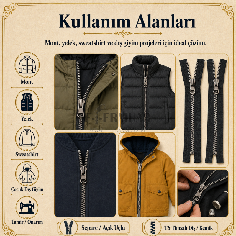 5 Adet Timsah Diş Kemik Mont Fermuarı Seti – 47–53 cm Kısa Mont ve Ceket İçin - ST-0003T5
