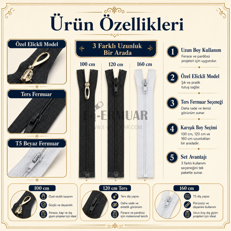 Long Zipper Set for Tailoring and Abaya Workshops – 3 Ready-to-Use Repair and Production Kits - ST-0005T5