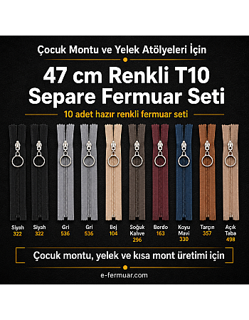 Çocuk Montu ve Yelek Atölyeleri İçin 47 cm Renkli T10 Separe Fermuar Seti – 10 Adet - ST-0007T10