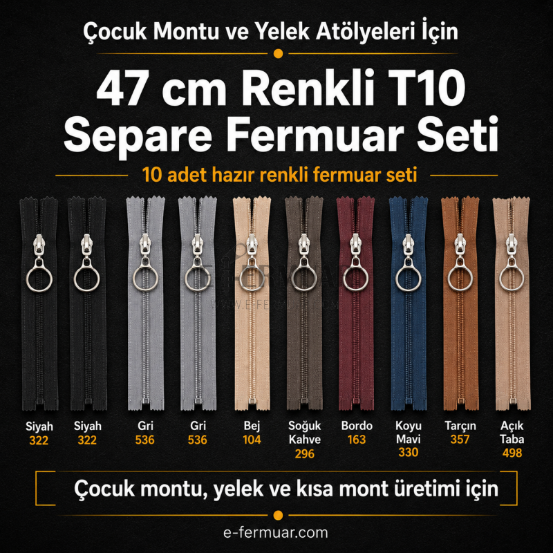 Çocuk Montu ve Yelek Atölyeleri İçin 47 cm Renkli T10 Separe Fermuar Seti – 10 Adet - ST-0007T10