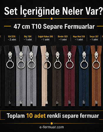 Çocuk Montu ve Yelek Atölyeleri İçin 47 cm Renkli T10 Separe Fermuar Seti – 10 Adet - ST-0007T10