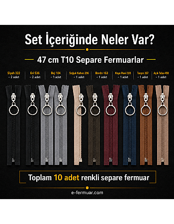 Çocuk Montu ve Yelek Atölyeleri İçin 47 cm Renkli T10 Separe Fermuar Seti – 10 Adet - ST-0007T10