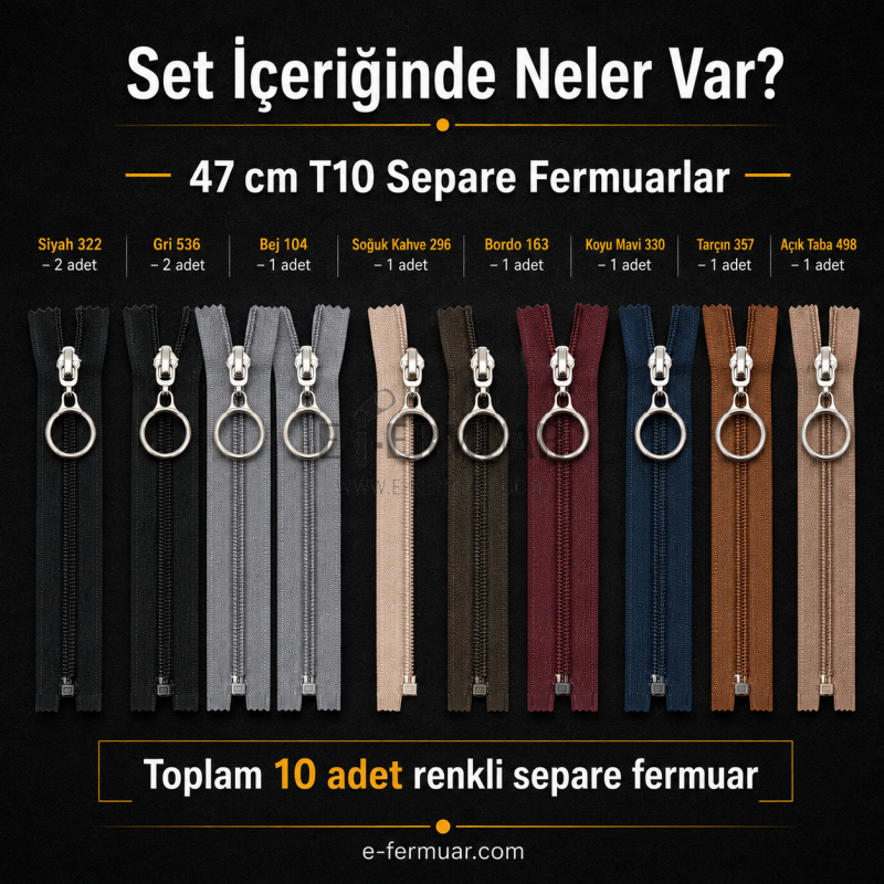Çocuk Montu ve Yelek Atölyeleri İçin 47 cm Renkli T10 Separe Fermuar Seti – 10 Adet - ST-0007T10