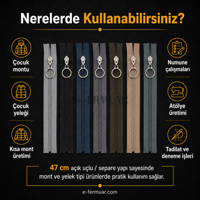 Çocuk Montu ve Yelek Atölyeleri İçin 47 cm Renkli T10 Separe Fermuar Seti – 10 Adet - ST-0007T10