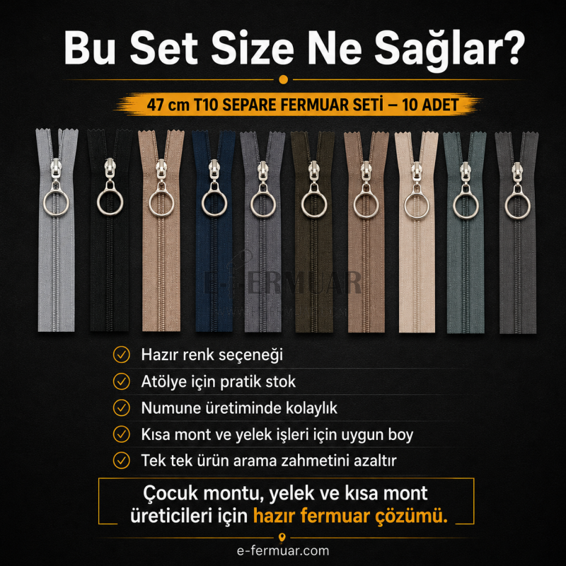 Çocuk Montu ve Yelek Atölyeleri İçin 47 cm Renkli T10 Separe Fermuar Seti – 10 Adet - ST-0007T10