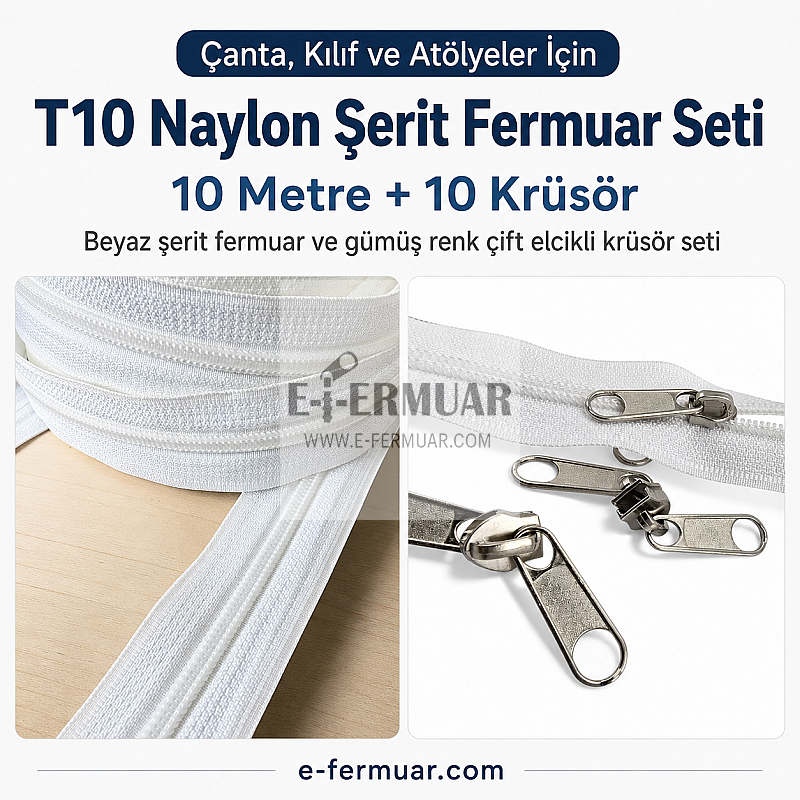 Set of #5 nylon coil zipper, 10 metres long, with 10 sliders included.
