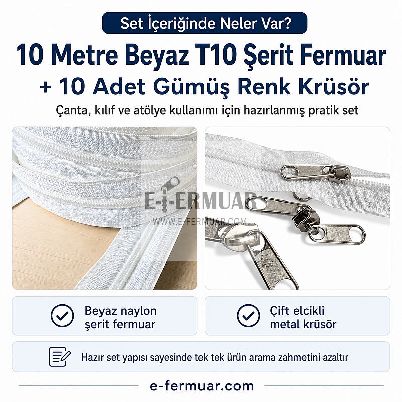 Set of #5 nylon coil zipper, 10 metres long, with 10 sliders included.