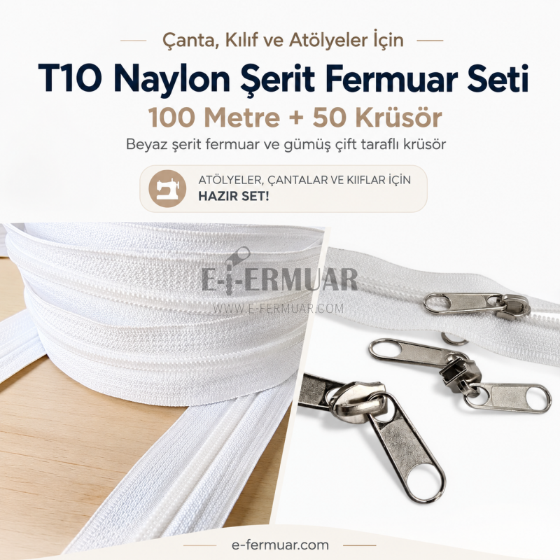 Çanta, Kılıf ve Atölyeler İçin T10 Naylon Şerit Fermuar Seti – 100 Metre + 50 Krüsör- ST-0009T10-100M50C