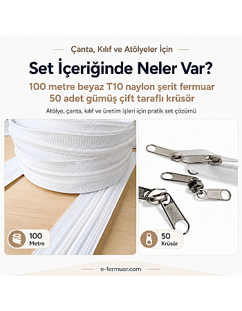 100 Metre T10 Naylon Şerit Fermuar + 50 Kürsör Atölye Paketi ST-0009T10-100M50C