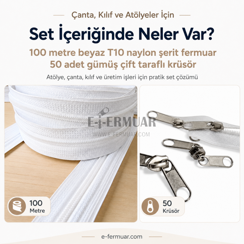 Çanta, Kılıf ve Atölyeler İçin T10 Naylon Şerit Fermuar Seti – 100 Metre + 50 Krüsör- ST-0009T10-100M50C