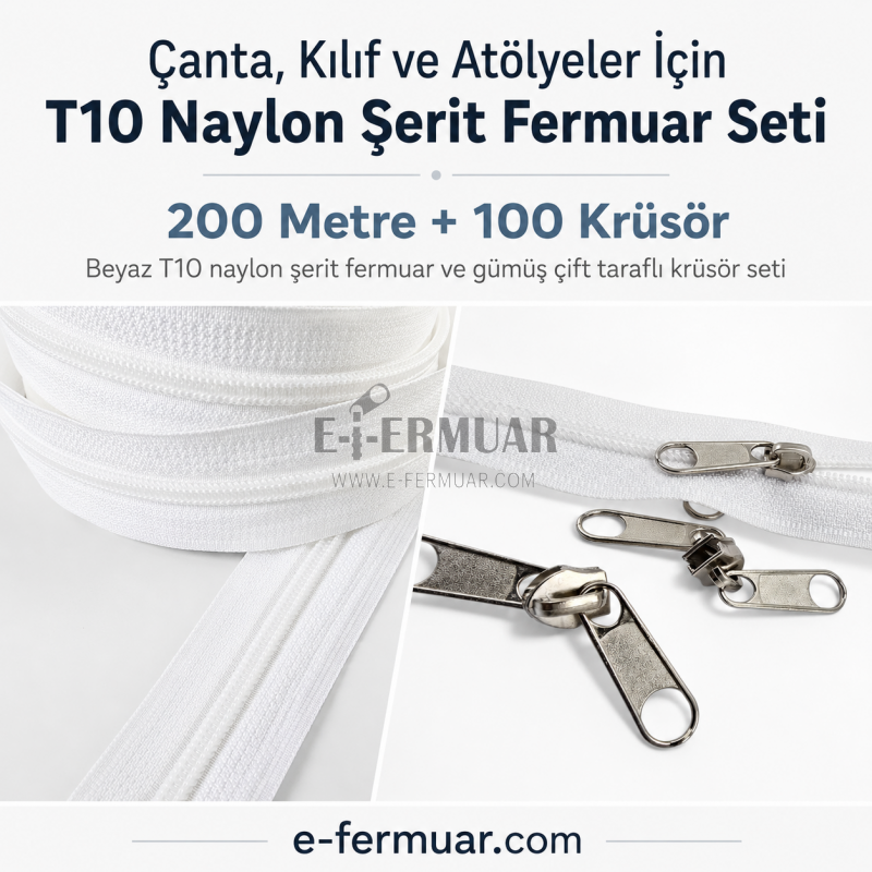 Çanta, Kılıf ve Atölyeler İçin T10 Naylon Şerit Fermuar Seti – 200 Metre + 100 Kürsör ST-0009T10-200M100C