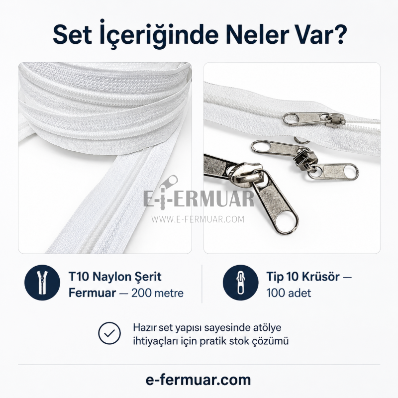 Çanta, Kılıf ve Atölyeler İçin T10 Naylon Şerit Fermuar Seti – 200 Metre + 100 Kürsör ST-0009T10-200M100C
